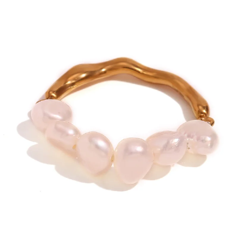 Freshwater Pearl Stitching Metal Ring-Gold