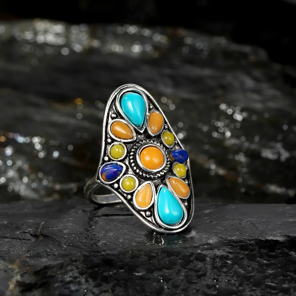 Ladies infinity ring-Fashion Retro Turquoise Mixed Color Gemstone Exaggerated Ring