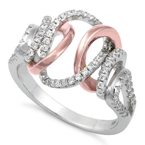 Ladies silver stackable rings-Sterling Silver Two-Tone Rose Gold Plated Exotic CZ Ring