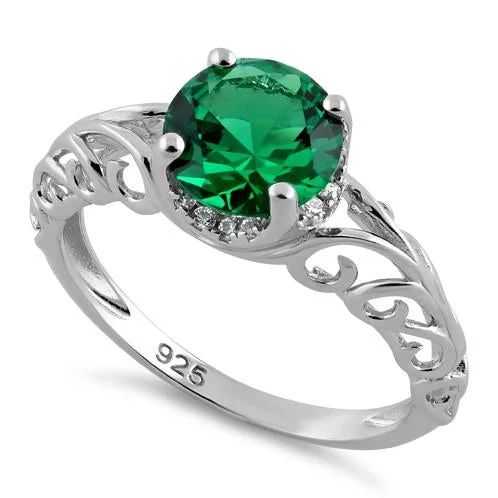 Ladies birthstone engagement ring-Sterling Silver Swirl Design Emerald and Clear CZ Ring