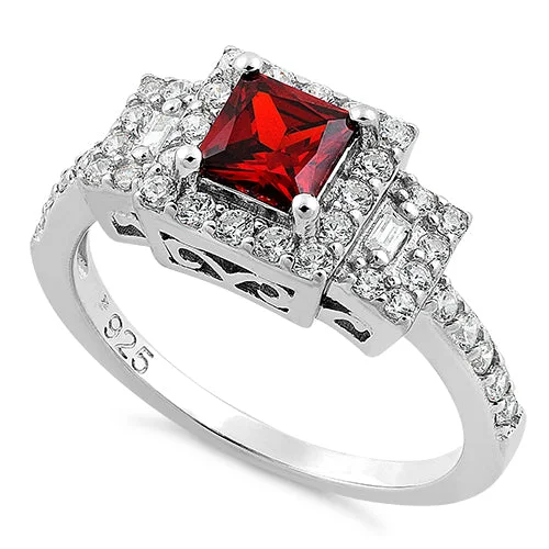 Ladies wedding ring set with diamonds-Sterling Silver Square Garnet CZ Ring