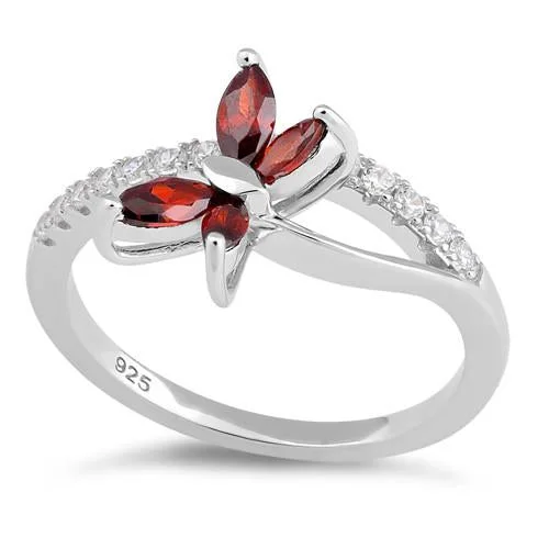 Ladies silver ring-Sterling Silver Butterfly Garnet CZ Ring