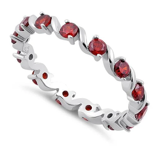 Ladies promise ring-Sterling Silver Swirl Garnet Eternity CZ Ring