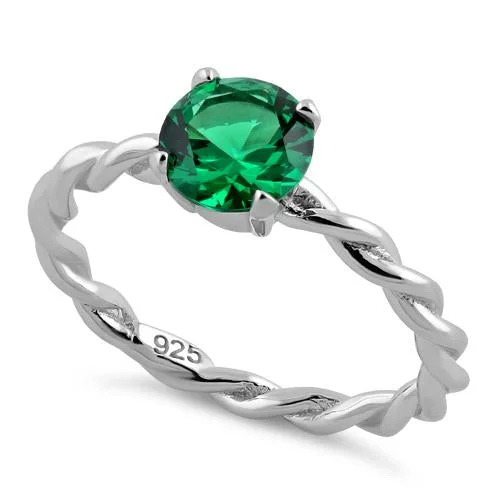 Ladies trendy ring-Sterling Silver Emerald Twisted Band CZ Ring