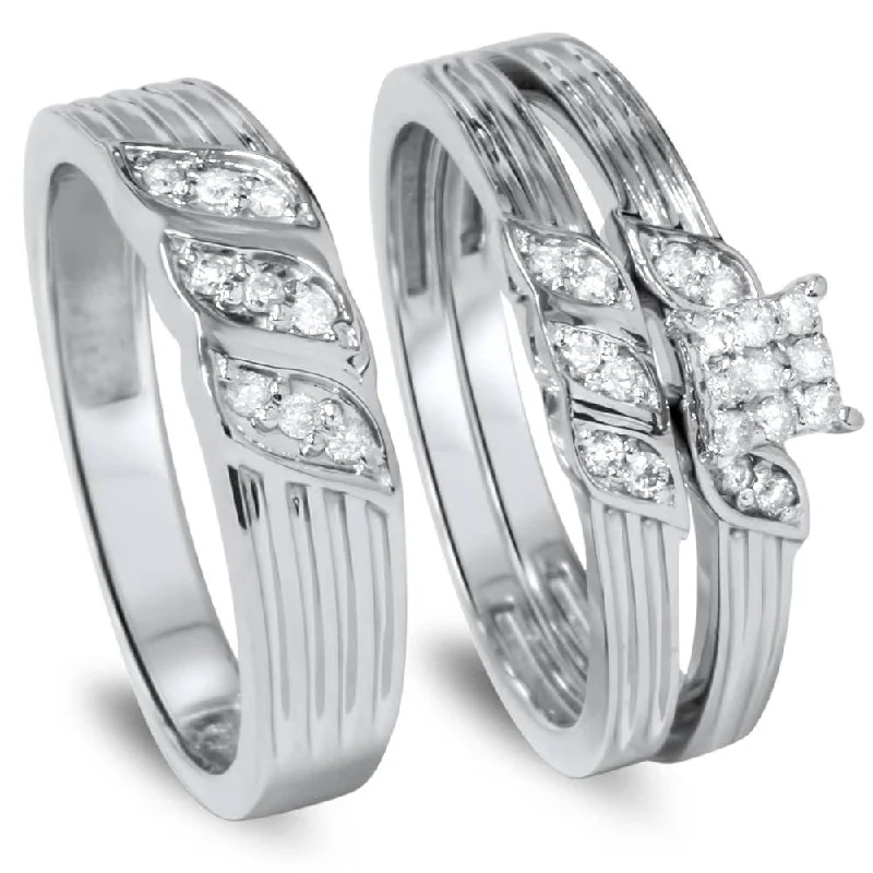 Ladies platinum and diamond engagement ring-1/3ct Engagement Trio Ring Set White Gold