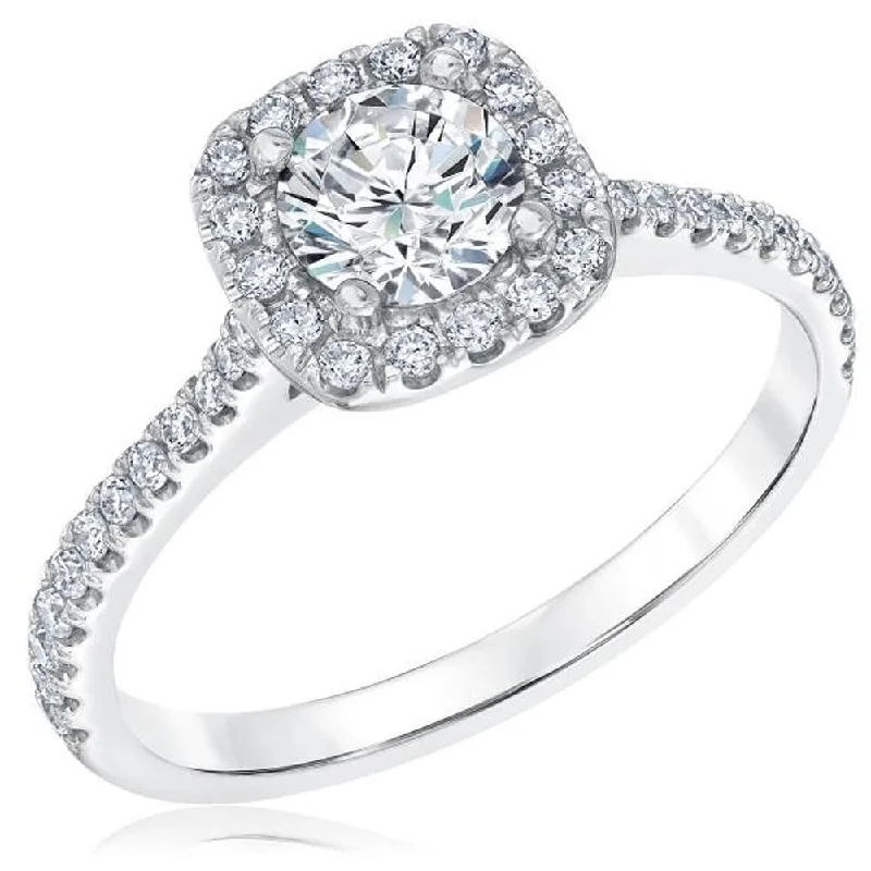 Ladies three-stone diamond engagement ring-1 Ct Diamond Cushion Halo Engagement Ring White Gold