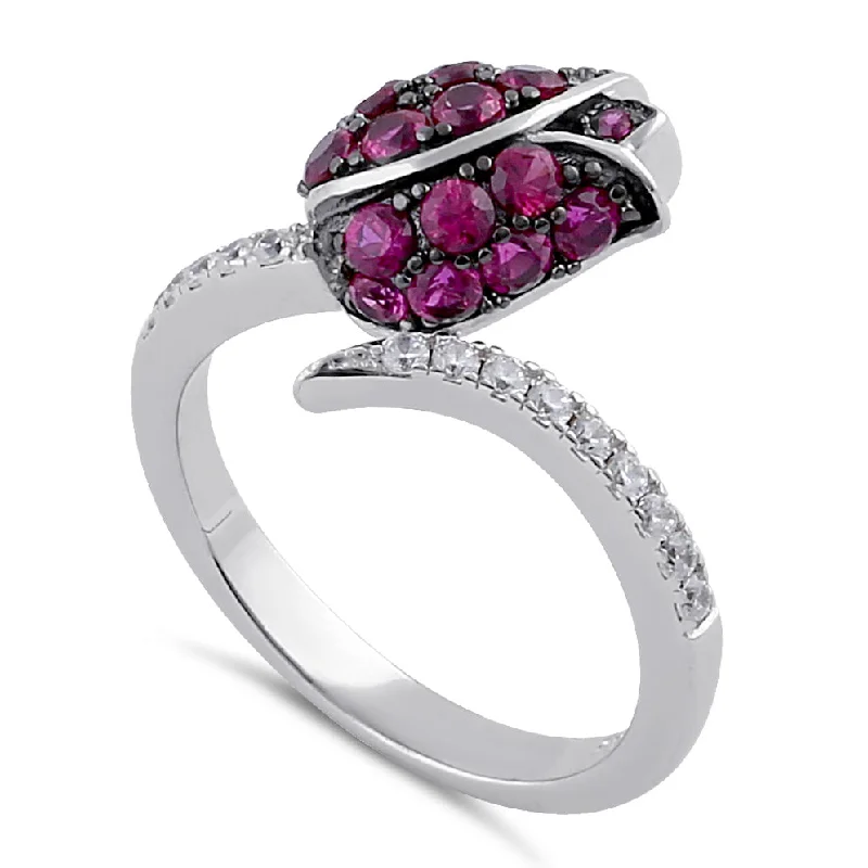 Ladies silver band ring-Sterling Silver Ruby and Clear CZ Rose Ring