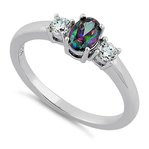 Ladies adjustable statement ring-Sterling Silver Oval Cut Rainbow Topaz CZ Ring