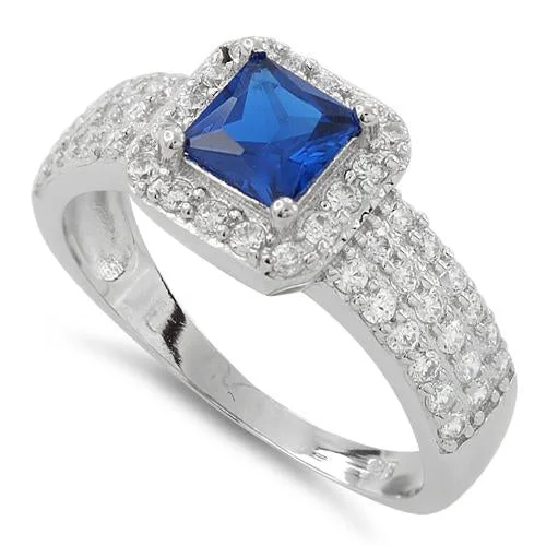 Ladies statement ring-Sterling Silver Blue Sapphire Princess Cut Pave CZ Ring