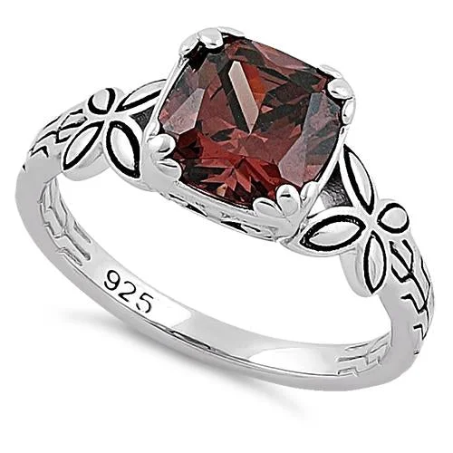 Ladies heart-shaped ring-Sterling Silver Twin Butterfly Cushion Cut Brown CZ Ring