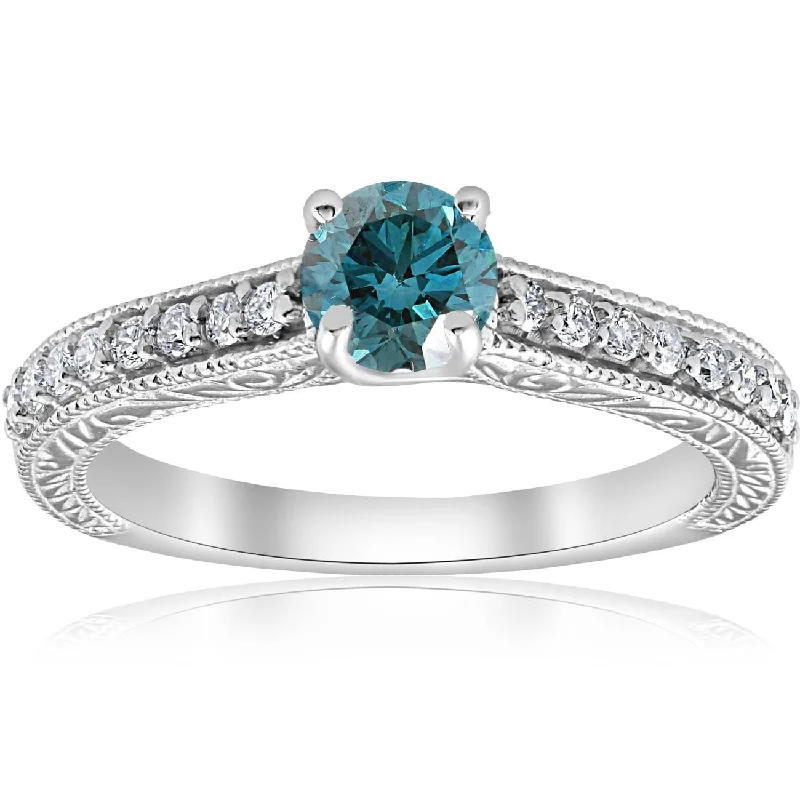 Ladies luxury wedding engagement ring-3/4ct Blue & White Diamond Vintage Engagement Ring White Gold