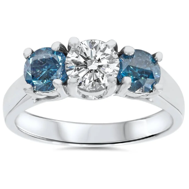 Ladies engagement ring with a twist-1 3/4ct Blue & White Diamond Three Stone Engagement White Gold Ring