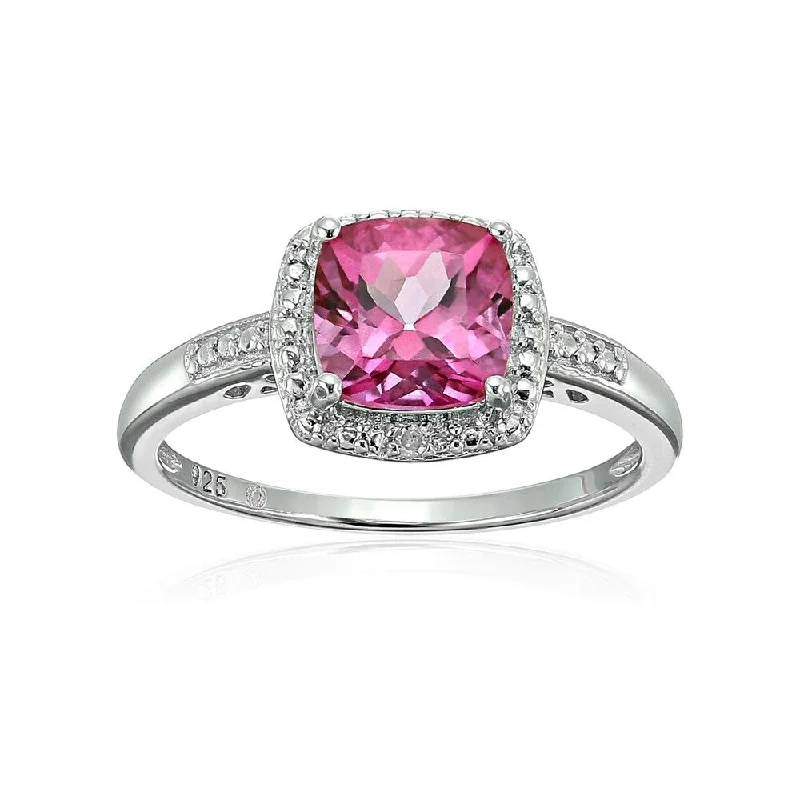 Ladies engagement ring with princess cut diamond-Sterling Silver Cushion Pink Topaz and Diamond Engagement Ring