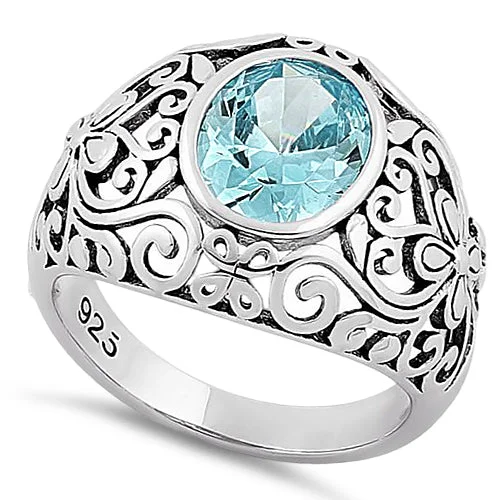 Ladies gold ring-Sterling Silver Oval Aquamarine CZ Ring