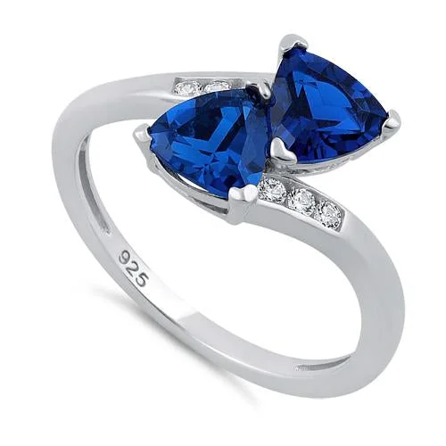 Ladies hammered ring-Sterling Silver Double Trillion Cut Blue Spinel CZ Ring