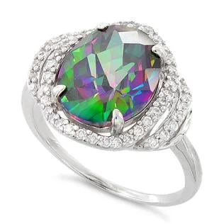 Ladies opal ring-Sterling Silver Rainbow Topaz Oval Halo CZ Ring