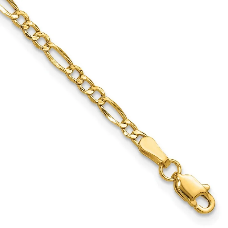 Ladies gold tennis bracelet-Curata 14k Yellow Gold 2.5mm Semi Solid Figaro Chain Bracelet Options: 7" 8"