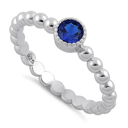 Ladies wedding ring-Sterling Silver Round Cut Beaded Blue Spinel CZ Ring