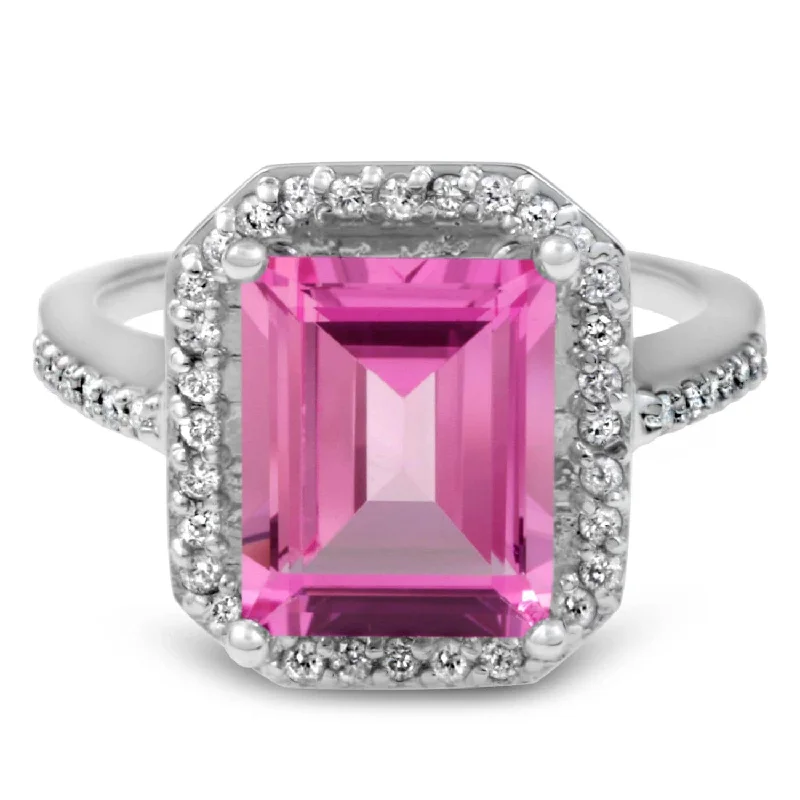 Ladies gold engagement ring-4 1/2ct Pink Topaz & Diamond Vintage Halo Engagement Ring White Gold