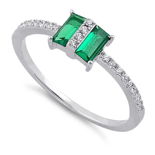 Ladies ring with diamonds-Sterling Silver Double Baguette Straight Cut Emerald & Clear CZ Ring