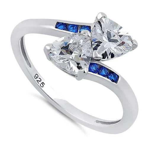 Ladies ring with emeralds-Sterling Silver Double Trillion Cut Clear & Blue Spinel CZ Ring