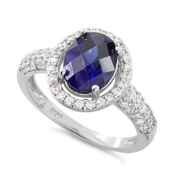 Ladies vintage wedding band-Sterling Silver Tanzanite Oval Halo CZ Ring