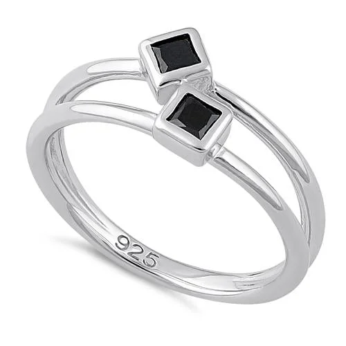 Ladies princess-cut ring-Sterling Silver Double Princess Cut Black CZ Ring