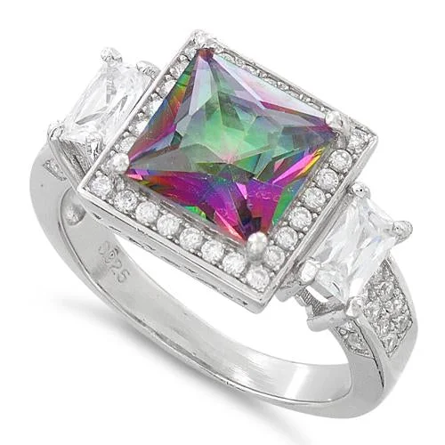 Ladies engraved ring-Sterling Silver Three Stone Rainbow Topaz Square CZ Ring