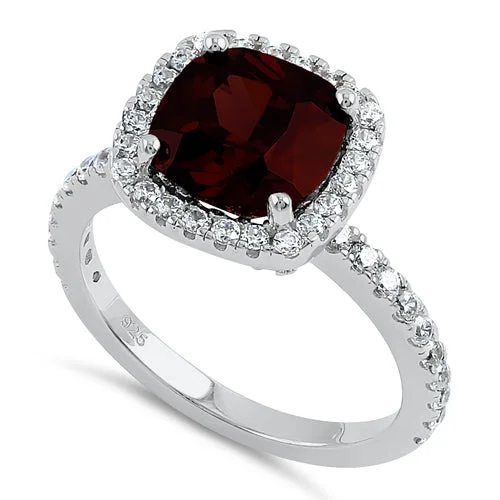 Ladies gold-plated ring-Sterling Silver Cushion Cut Dark Garnet CZ Ring