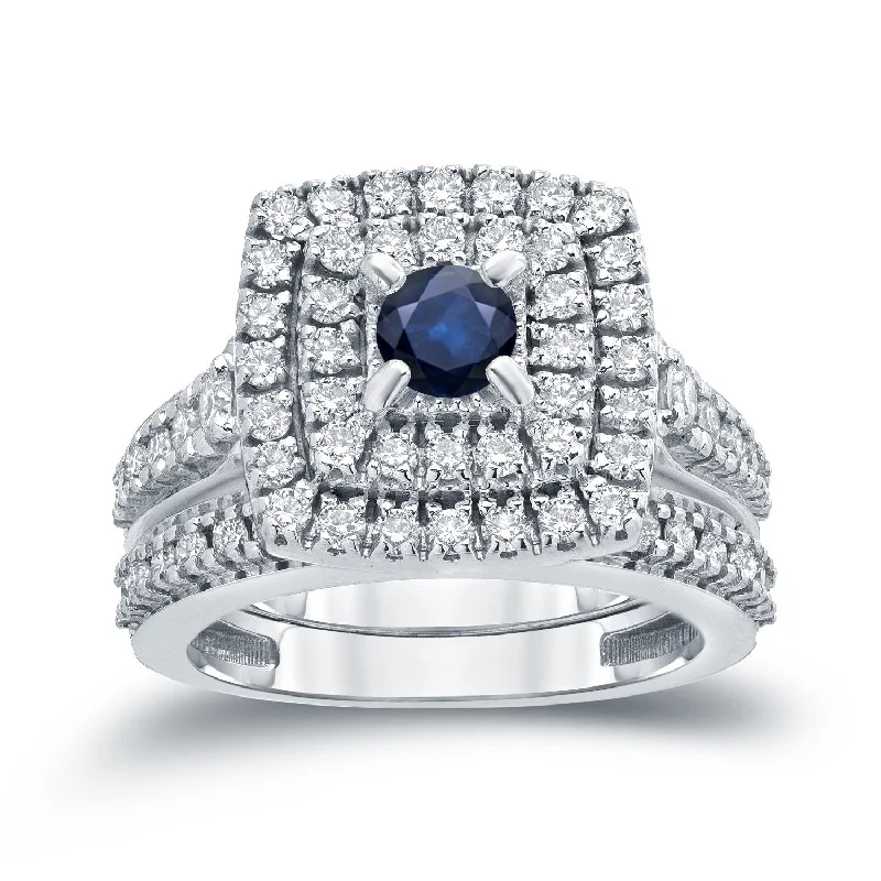 Ladies custom platinum engagement ring-14k Gold 2/5ct Sapphire and 1 1/5ct TDW Diamond Halo Engagement Ring Set by Auriya