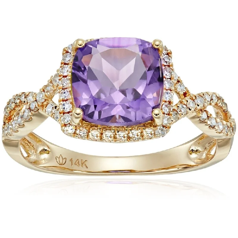 Ladies elegant engagement ring-14k Yellow Gold African Amethyst Diamond Engagement Ring, Size 7