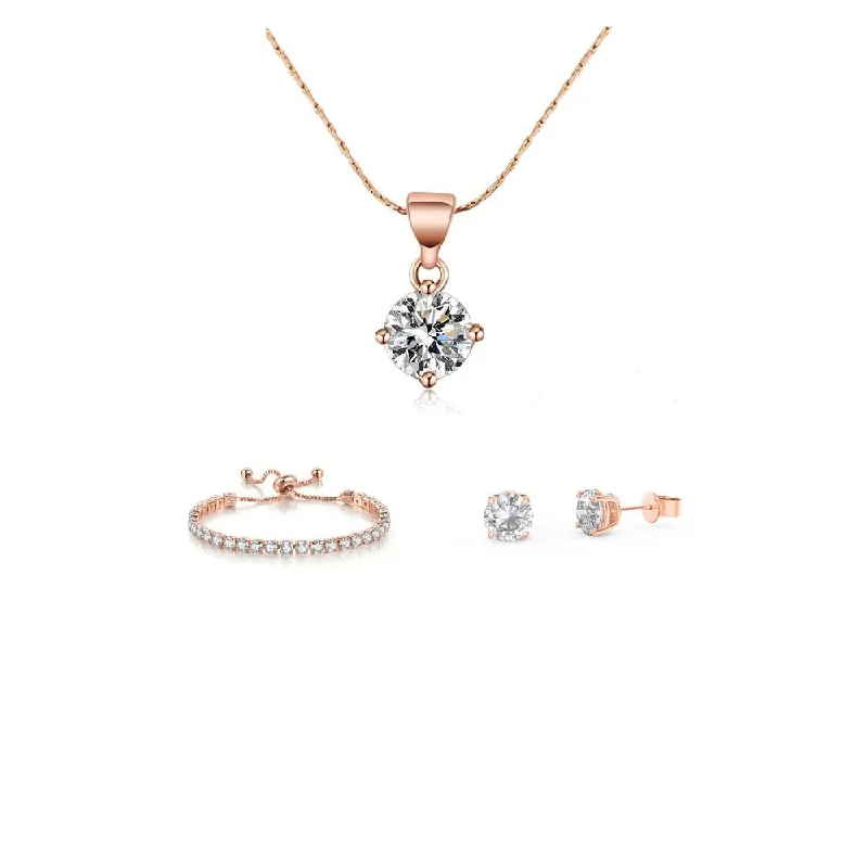 Ladies classic gold bracelet-10K Rose Gold 7 Ct Round Created White Sapphire Necklace Earrings Bracelet Set