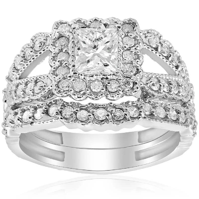 Ladies diamond engagement ring with halo-1 1/10ct Princess Cut Halo Diamond Engagement Ring White Gold Vintage Antique