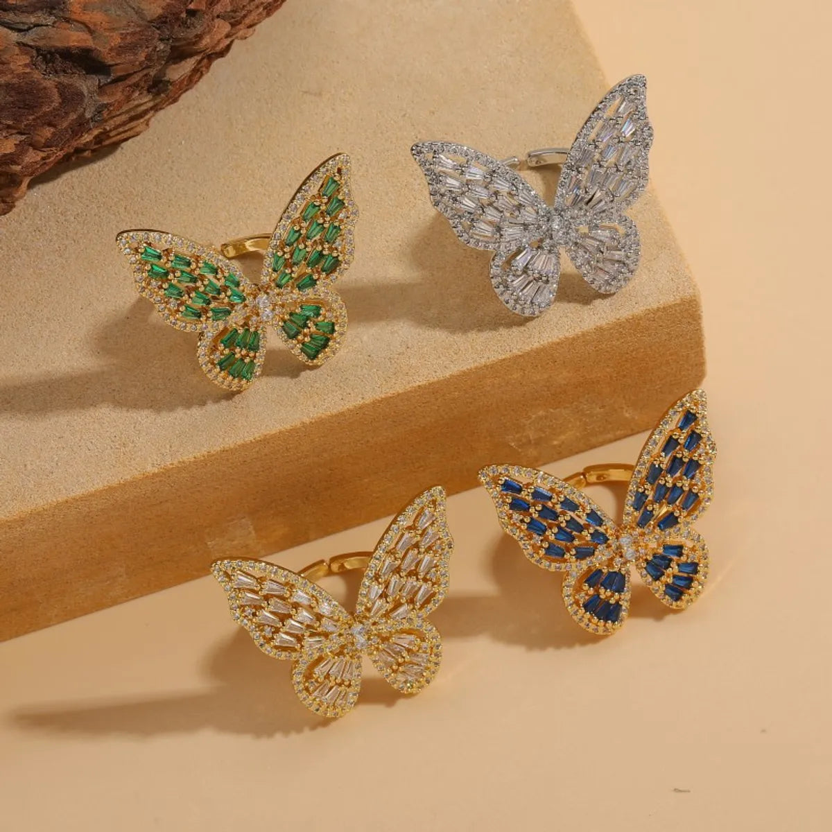 Ladies three-stone ring-Ig Style Simple Style Butterfly Copper Plating Inlay Zircon 14k Gold Plated White Gold Plated Open Rings