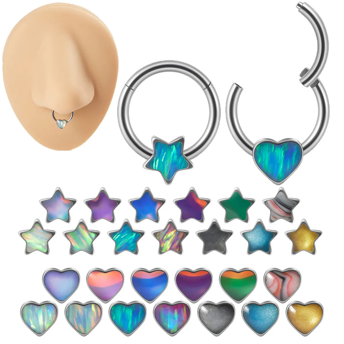 Ladies fashion statement ring-2 Pieces Nose Rings & Studs Sweet Star Heart Shape Stainless Steel Plating Nose Ring