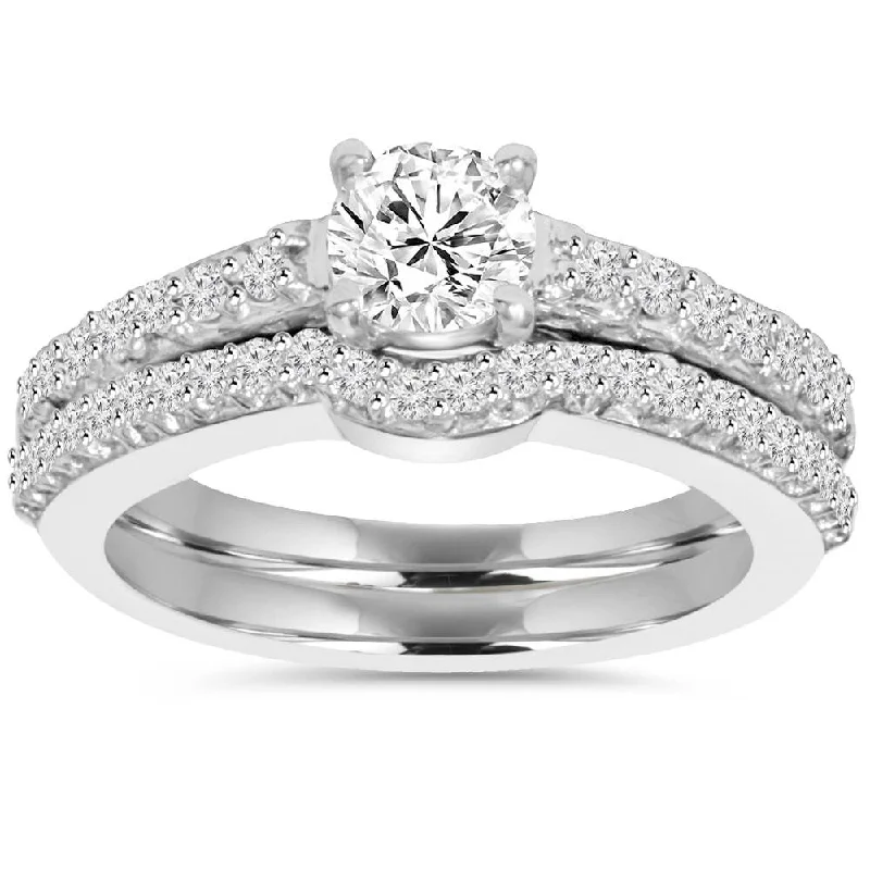 Ladies heart-shaped engagement ring-1ct Pave Diamond Engagement Wedding Matching Ring Set White Gold Round Cut