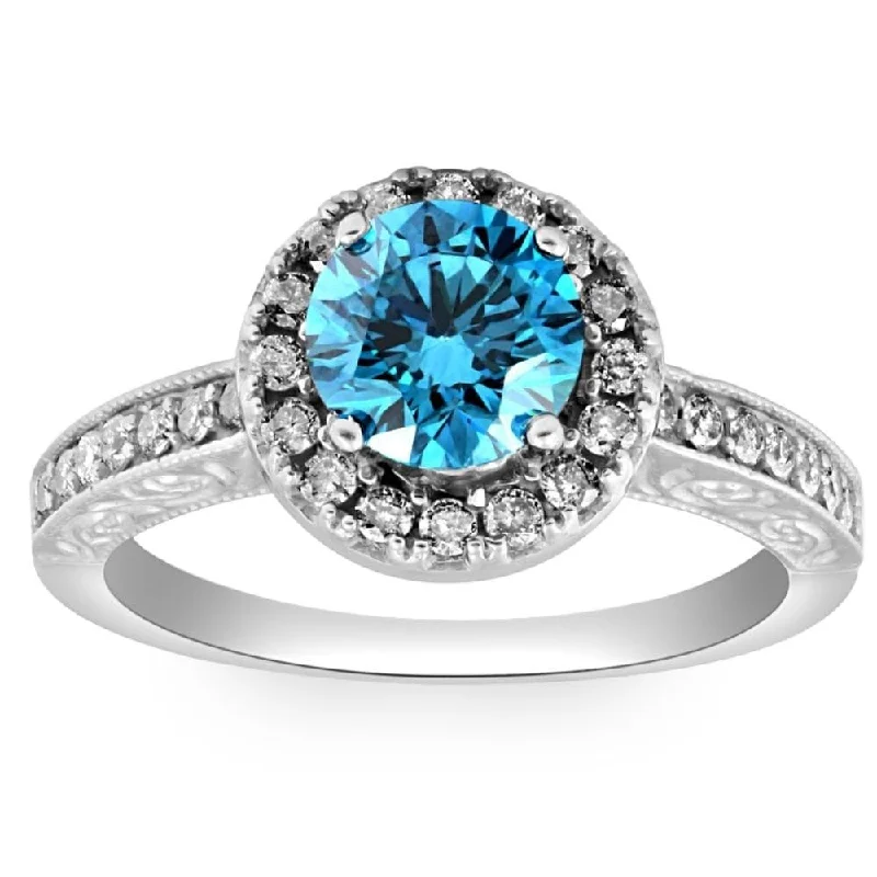 Ladies engagement ring with colored diamonds-2 cttw Blue Diamond Halo Engagement Ring Hand Engraved White Gold Band