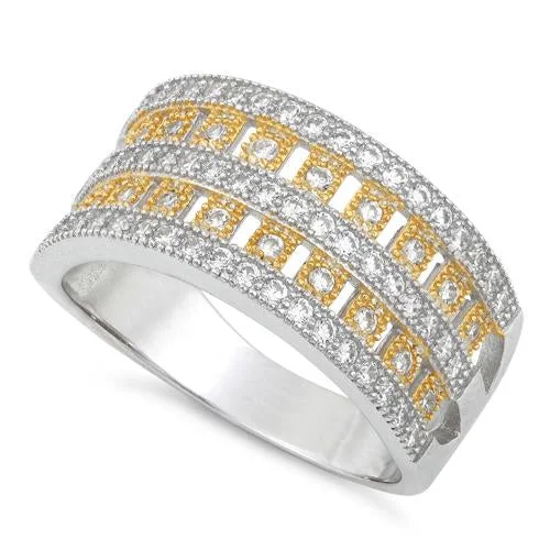 Ladies ring with emeralds-Sterling Silver Elegant Two-tone Gold Plated Pave CZ Ring