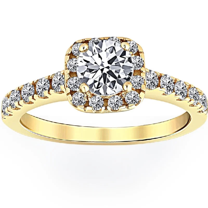 Ladies vintage style engagement ring-3/4Ct Diamond Cushion Halo Engagement Ring Yellow Gold