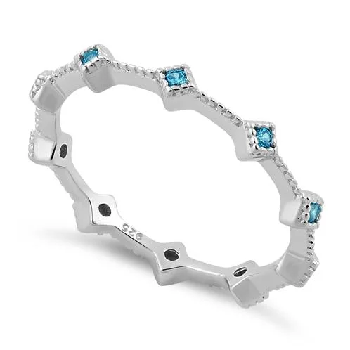 Ladies adjustable ring-Sterling Silver Eternity Thin Aqua Blue CZ Ring