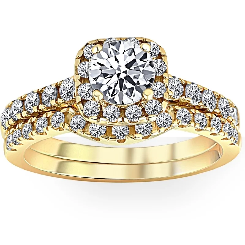 Ladies three-stone engagement ring-1 1/4 Ct Diamond Cushion Halo Engagement Wedding Ring Set Yellow Gold