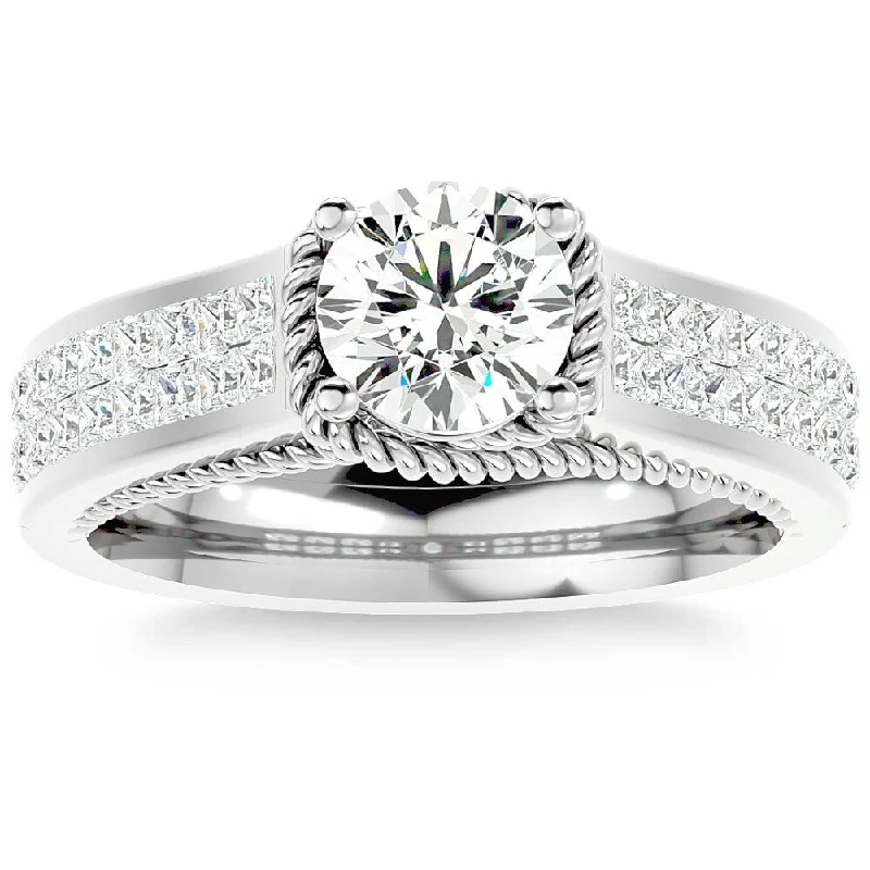 Ladies engagement ring with round diamond-1 3/4Ct Diamond & Moissanite Designed Accent Engagement Ring in Gold