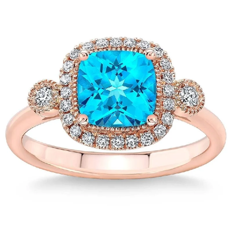 Ladies simple engagement ring-2Ct TW Blue Cushion Topaz & Diamond Halo Engagement Ring in Rose Gold