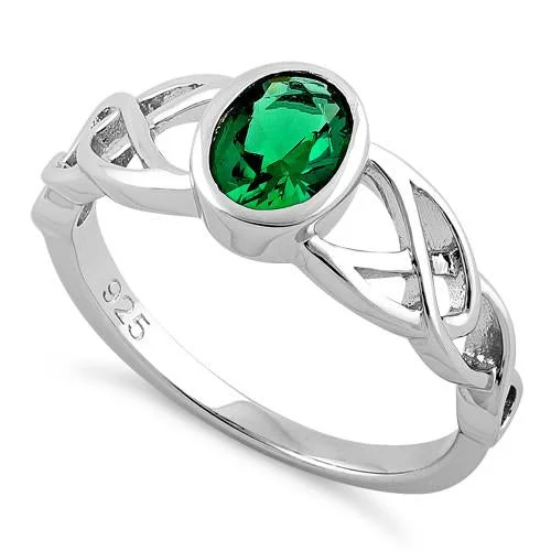 Ladies antique ring-Sterling Silver Oval Green CZ Celtic Ring