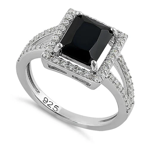 Ladies chunky ring-Sterling Silver Black Emerald Cut CZ Ring