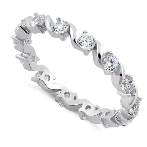 Ladies hammered ring-Sterling Silver Swirl Clear Eternity CZ Ring