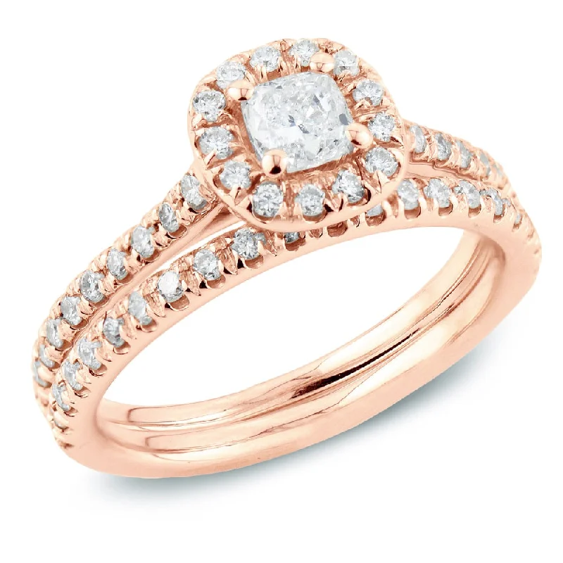 Ladies sapphire engagement ring-Auriya 14k Rose Gold 1 carat TW Cushion-cut Halo Diamond Engagement Ring Set