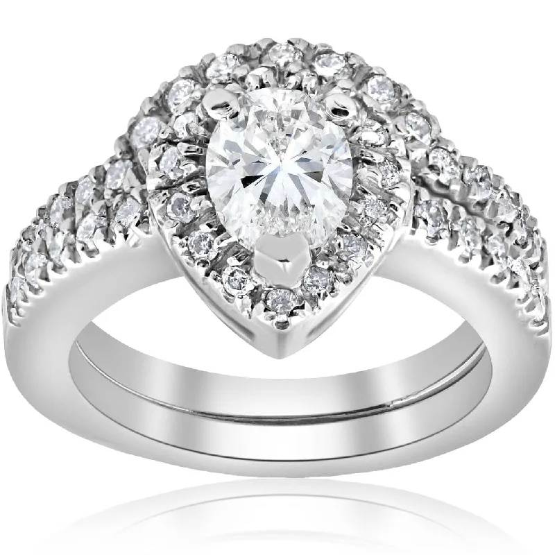 Ladies vintage style engagement ring-1 1/4ct Pear Shape Lab Grown Diamond Halo Wedding Engagement Set White Gold