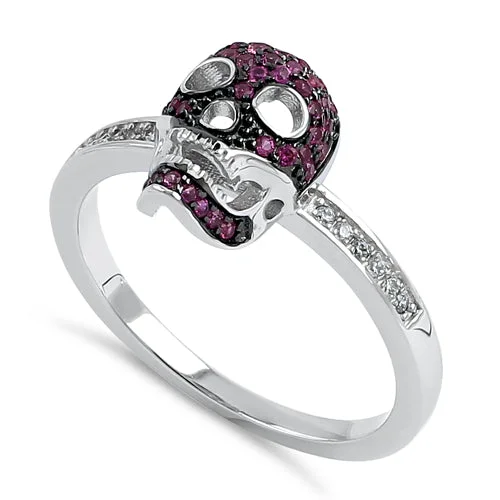 Ladies large ring-Sterling Silver Black Rhodium Two Tone Ruby CZ Skull Ring