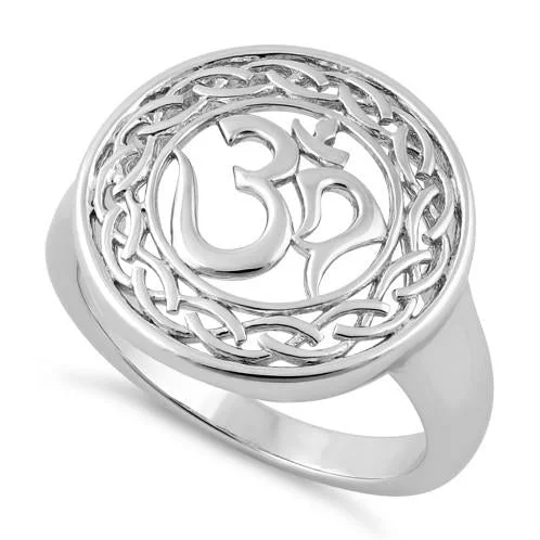 Ladies wedding ring set with diamonds-Sterling Silver Om Round Ring